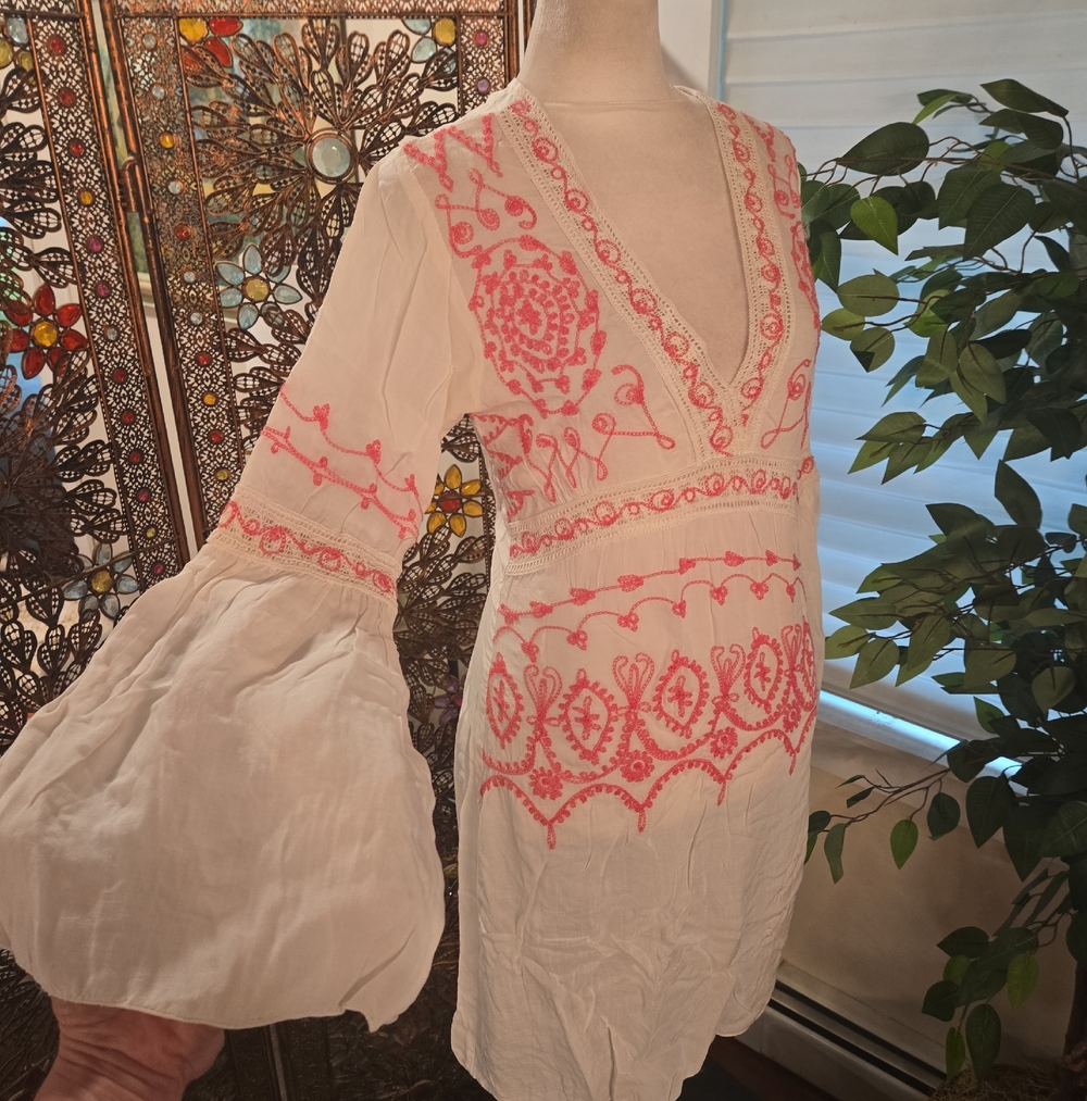 Boho Embroidered Crochet Lace Bell Sleeve Pink White Beach Cover Up Dress